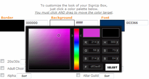 SignUp Boxes choose a color